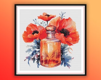 Patrón de punto de cruz de frasco de perfume de amapola vintage - Diseño floral en PDF para entusiastas del bordado