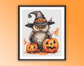 May include: A cartoon owl wearing a witch's hat and holding two jack-o'-lantern pumpkins. The owl has large, round eyes and a gray and brown color scheme. The pumpkins are orange with black facial features.