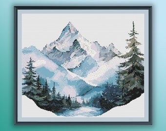 Watercolor Pine Forest Mountains Cross Stitch Pattern: Snowy Landscape Winter Embroidery PDF