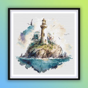 Watercolor Lighthouse Counted Cross Stitch PDF Pattern, Modern Cross Stitch Chart, Seascape, Sea Treasures, Hand Embroidery