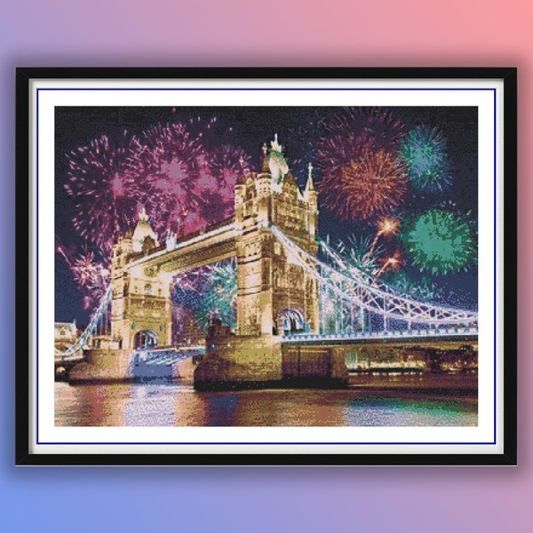 London Tower Bridge and Fireworks Counted Cross Stitch PDF Pattern, London Christmas Night Cityscape, Vintage London, Hand Embroidery