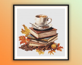 Watercolor Vintage Books and Coffee Counted Cross Stitch PDF Pattern, Fall Leaves, Cozy Autumn, Modern Cross Stitch Chart