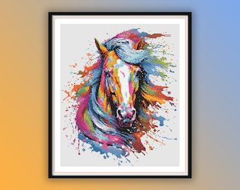 Vibrant Watercolor Rainbow Horse Cross Stitch Pattern - Farm Animal Embroidery PDF Download