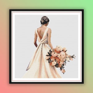 Watercolor Bride in a Wedding Dress Counted Cross Stitch PDF Pattern, Wedding Cross Stitch, Instant Download Modern Cross Stitch