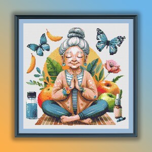 Spiritual Watercolor Grandma Yoga Cross Stitch Pattern: Meditation Lotus PDF for Mindful Crafting