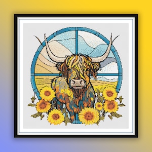 Stained Glass Style Highland Cow and Sunflowers Counted Cross Stitch PDF Pattern, Farm Animals, Hand Embroidery, Modern Cross Stitch Chart