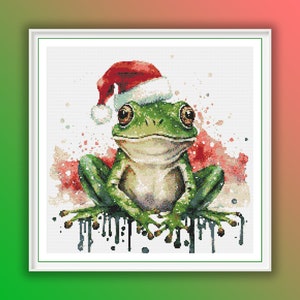 Watercolor Cute Funny Christmas Frog Counted Cross Stitch PDF Pattern, Christmas Animals, Hand Embroidery, Needlepoint
