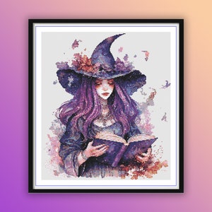 Aquarel paarse heks getelde kruissteek pdf-patroon, halloweenheks, moderne kruissteekkaart, handborduurwerk
