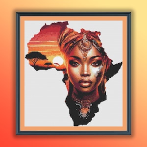 Puede incluir: Una pintura digital de la cara de una mujer con una puesta de sol africana y el contorno del continente africano detrás de ella. La mujer lleva un turbante y joyas.