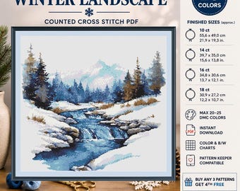 Patrón de punto de cruz de paisaje invernal, río en bosque nevado (PDF)