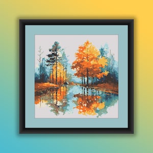 Geteld kruissteek pdf-patroon, aquarel regenachtig herfstboslandschap, herfstbladeren, handborduurwerk, moderne kruissteekkaart