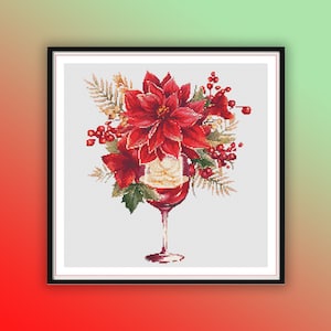 Gráfico de Ponto Cruz de Coquetéis Natalinos com Flores em Aquarela - PDF de Bordado Festivo de Vinhos e Bebidas