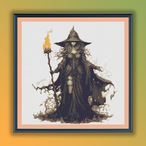 Aquarel Halloween heks getelde kruissteek pdf-patroon, moderne kruissteekkaart, handborduurwerk
