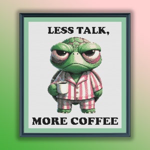 Schema PDF per punto croce contato "Tartaruga ad acquerello ha bisogno di caffè", citazioni "Meno chiacchiere più caffè", schema moderno per punto croce, ricamo a mano
