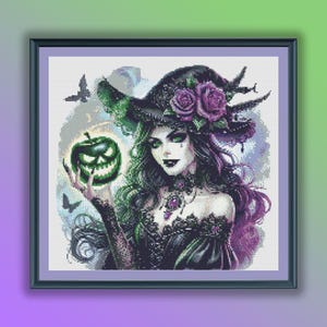 Aquarel Halloween heks getelde kruissteek pdf-patroon, moderne kruissteekkaart, handborduurwerk