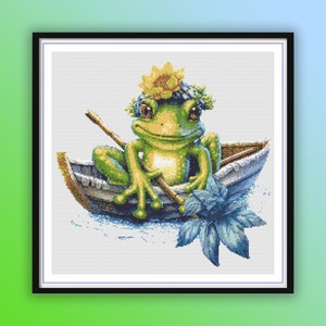 Whimsical Watercolor Frog on Boat Cross Stitch Pattern - Funny Lake Scene PDF Chart for Hand Embroidery