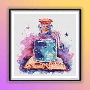 May include: A glass bottle with a cork stopper filled with a swirling blue and green liquid that resembles a galaxy. The bottle is sitting on top of an open book with a watercolor background of pink, purple, and blue.