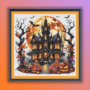 May include: A spooky Halloween illustration of a black and gray haunted house with orange windows and a full moon behind it. The house is surrounded by trees and pumpkins.
