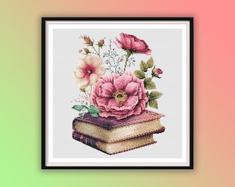 Vintage Floral Books Watercolor Cross Stitch Pattern - PDF Download for Embroidery Enthusiasts