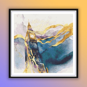 Può includere: Un dipinto ad acquerello di Big Ben a Londra, in Inghilterra. La torre è raffigurata in tonalità di blu e oro, con lavaggi ad acquerello astratti sullo sfondo.