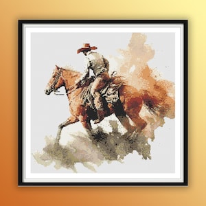 May include: A watercolor painting of a cowboy riding a brown horse. The cowboy is wearing a brown hat and a light brown shirt. The horse is running through a field of grass and dust.