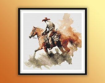 Watercolor Rodeo Cowboy Cross Stitch Pattern: Western Hand Embroidery PDF for Modern Texas-Inspired Art