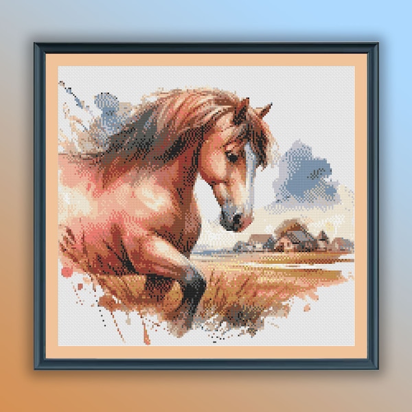 Watercolor Horse Counted Cross Stitch PDF Pattern, Farm Animals, Village Landscape, Hand Embroidery - Modern Cross Stitch Chart