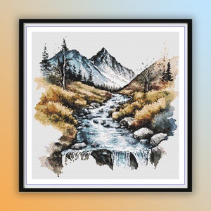 Aquarel rivier- en bergenlandschap pdf getelde kruissteekpatroon, dennenbos, moderne kruissteek, handborduurwerk