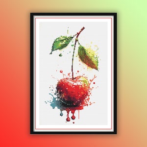 Watercolor Cherry Counted Cross Stitch Pattern: Modern Fruit Embroidery for Beginners