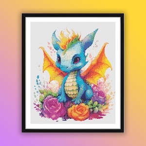 Watercolor Fairy Dragon Counted Cross Stitch PDF Pattern, Cute Animals, Baby Dragon, Hand Embroidery, Modern Cross Stitch Chart