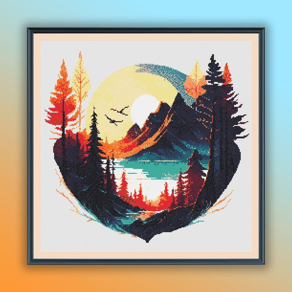 Patrón de punto de cruz de un lago otoñal escénico: Gráfico PDF de un atardecer en la montaña con acuarela para amantes de la naturaleza