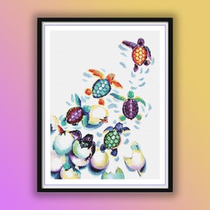 Watercolor Baby Sea Turtles Counted Cross Stitch Pattern - Marine Life Underwater Treasures Chart