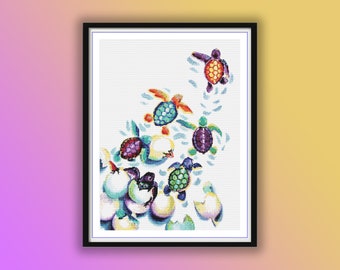 Watercolor Baby Sea Turtles Counted Cross Stitch Pattern - Marine Life Underwater Treasures Chart