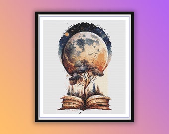 Watercolor Book and Moon Fantasy Counted Cross Stitch PDF Pattern, Night Forest View, Full Moon Landscape, Modern Cross Stitch