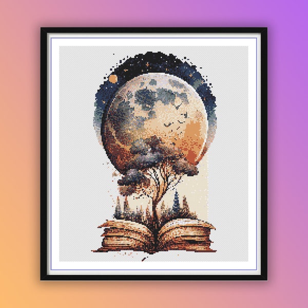 Aquarell Buch und Mond Fantasy Kreuzstich PDF Muster, Nacht Wald Blick, Vollmond Landschaft, moderne Kreuzstich