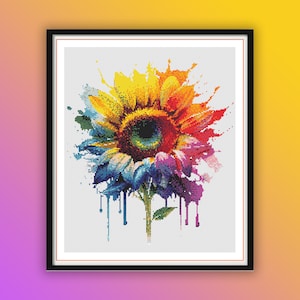 Vibrant Watercolor Sunflower Cross Stitch Pattern: Modern Rainbow Floral Embroidery PDF Chart