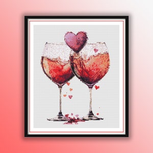 Watercolor Wineglasses Cross Stitch Pattern: Romantic Wine & Roses (PDF Pattern)