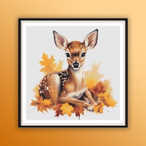 Aquarel babyhert op herfstbladeren geteld kruissteek pdf-patroon, herfst bosdieren, boslandschap, handborduurwerk