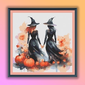 Aquarel Halloween heksen getelde kruissteek pdf-patroon, spookachtige halloween, moderne kruissteekkaart, handborduurwerk