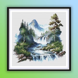 Aquarel rivier- en bergenlandschap pdf getelde kruissteekpatroon, dennenbos, moderne kruissteek, handborduurwerk