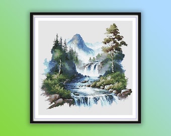 Scenic Watercolor Mountain River Landscape Cross Stitch Pattern - PDF Counted Woodland Embroidery
