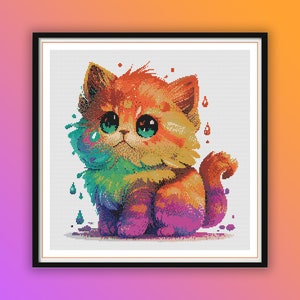 Watercolor Colorful  Cute Kitty Counted Cross Stitch PDF Pattern, Cat Lovers, Modern Cross Stitch Pattern, Hand Embroidery