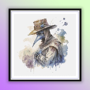 Watercolor Plague Doctor Counted Cross Stitch PDF Pattern,  Hand Embroidery, Modern Cross Stitch