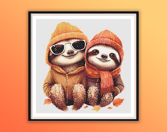 秋の水彩画ナマケモノカップルのクロスステッチパターン：ロマンチック