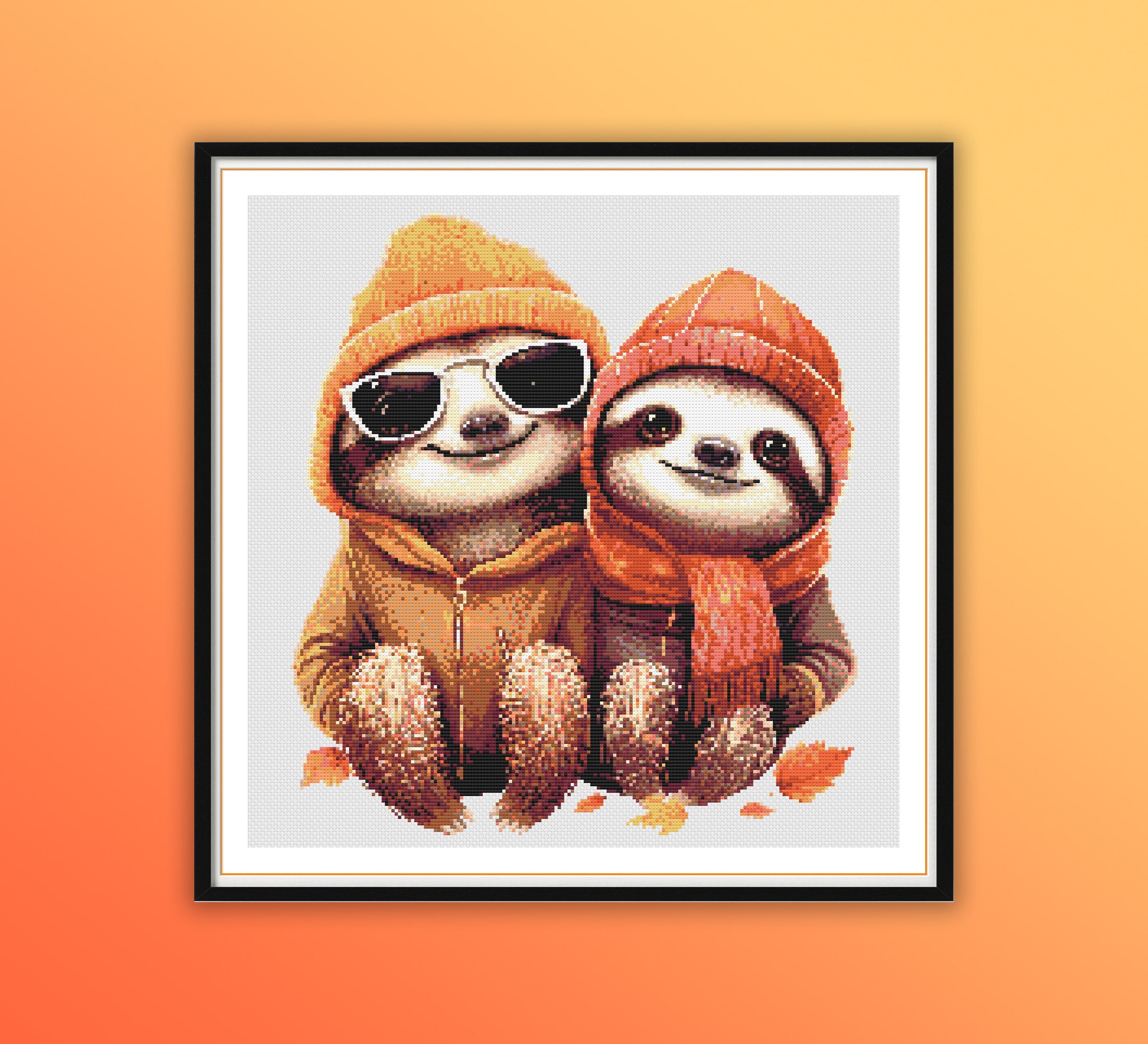 秋の水彩画ナマケモノカップルのクロスステッチパターン：ロマンチック