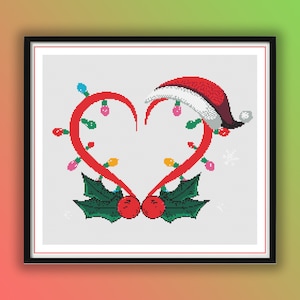 Coeur de père Noël avec des lumières, point de croix compté, motif PDF, joyeux Noël, joyeux Noël au point de croix, broderie à la main