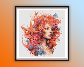 Enchanting Watercolor Mermaid Cross Stitch Pattern: Underwater Fantasy Ocean Scene PDF Chart