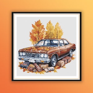 Vintage Car in Fall Landscape Cross Stitch Pattern (PDF Pattern)