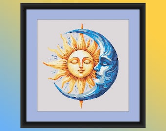 Patrón PDF de punto de cruz contado de sol y luna en acuarela celestial: gráfico de bordado bohemio