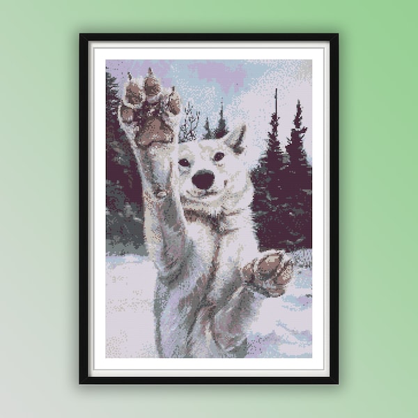 Watercolor Cute Dog At Winter Forest Counted Cross Stitch PDF Pattern, Modern Cross Stitch, Hand Embroidery